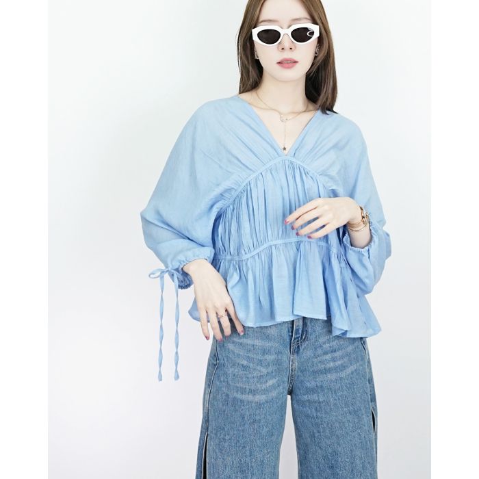 CASCADE BOW SLEEVE SLOUCHY BLOUSE-BLUE