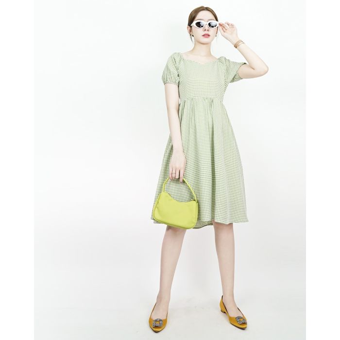 DELISH MINI GINGHAM TIE WAIST MIDI DRESS-MATCHA