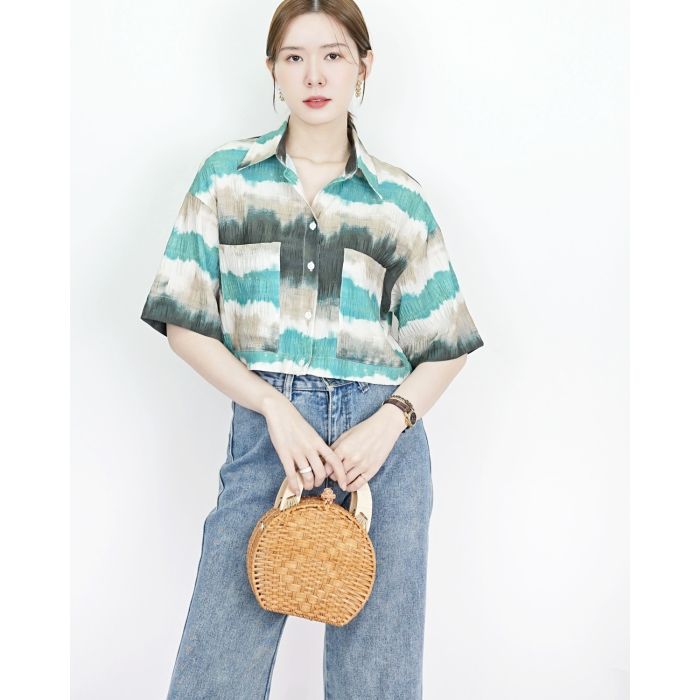 WATERCOLOUR CHIFFON CROP SHIRT-GREEN