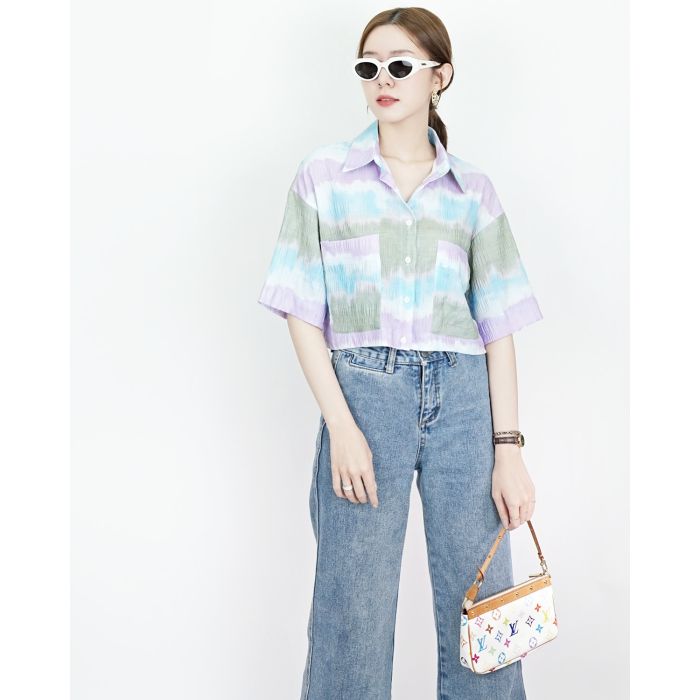 WATERCOLOUR CHIFFON CROP SHIRT-BLUE