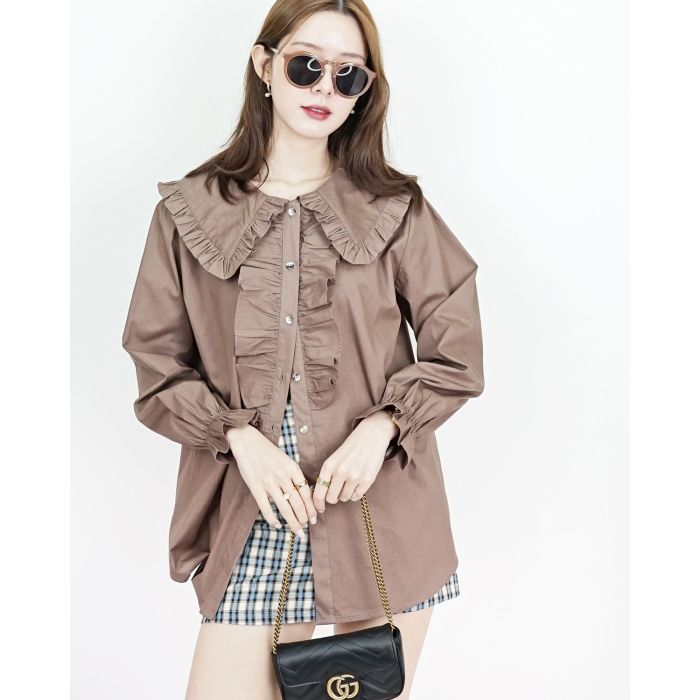 LUCIA COLLAR RUFFLE OVERSIZED BLOUSE-BROWN