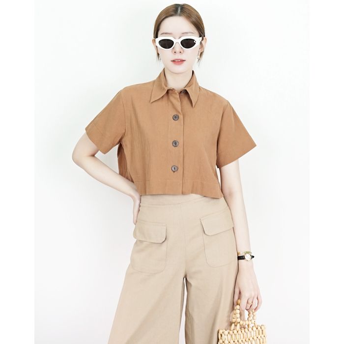 MOTIF COTTON LINEN CROPPED SHIRT-BROWN