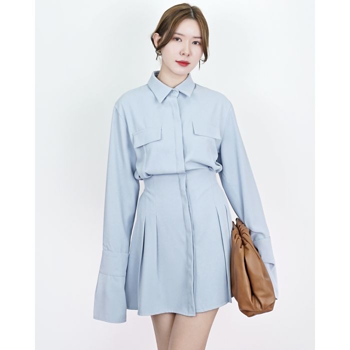 ANNETTE TIE WAIST SHIRT DRESS-BLUE