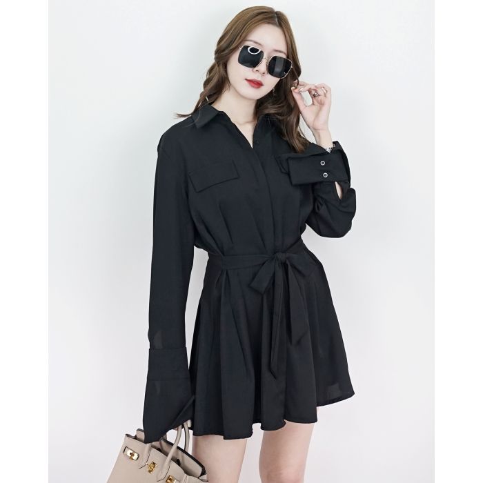 ANNETTE TIE WAIST SHIRT DRESS-BLACK