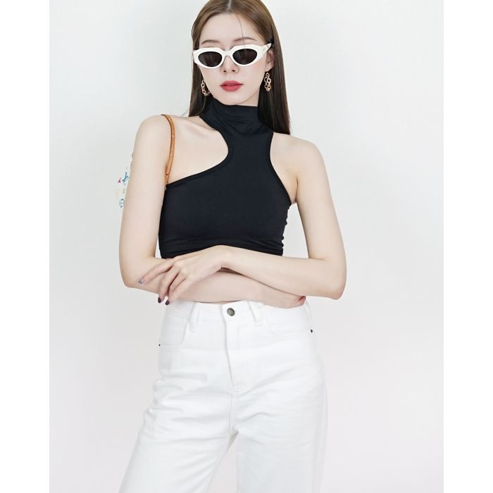 ASYMMETRIC JERSEY BRA TOP-BLACK