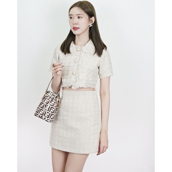 KATE PEARL TWEED BLOUSE & SKIRT SET-BEIGE-M