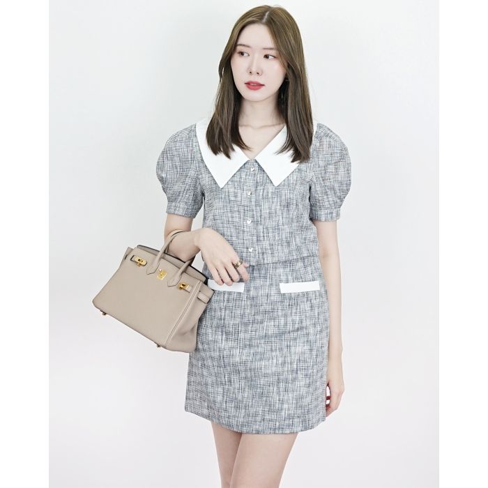 PREPPY COLLAR TWEED BLOUSE & SKIRT SET-BLACK