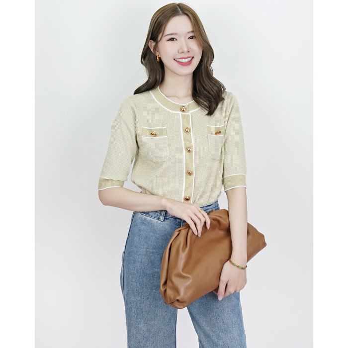 SPECIAL OFFER * WAFFLE TRIMMED KNIT BLOUSE-CITRON