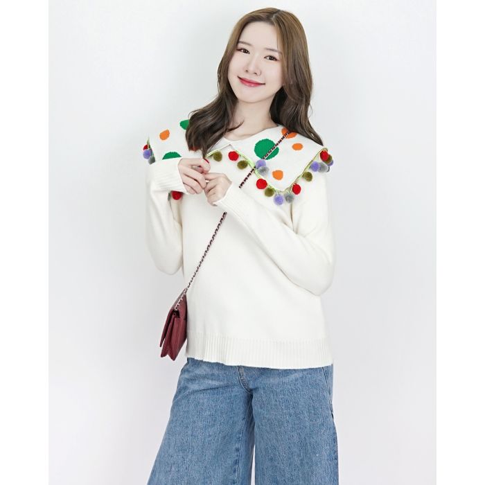 SPECIAL OFFER * POM POM DOT COLLAR WOOL KNIT SWEATER