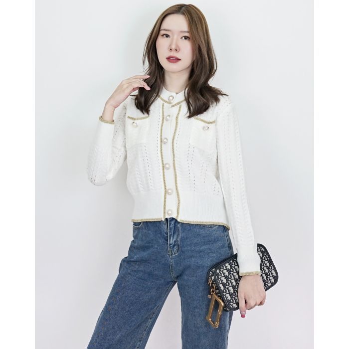 SPARKLE TRIMMED KNIT CARDIGAN-VANILLA