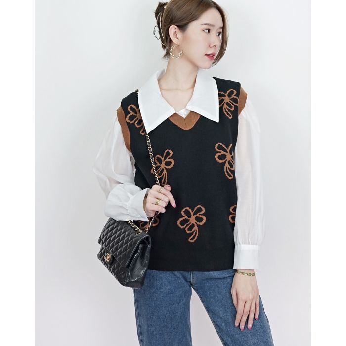 JOURNEY FLOWER KNIT VEST-BROWN