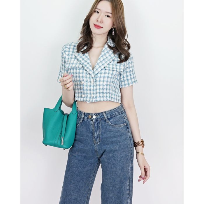 TRINITY TWEED CROP TOP-BLUE