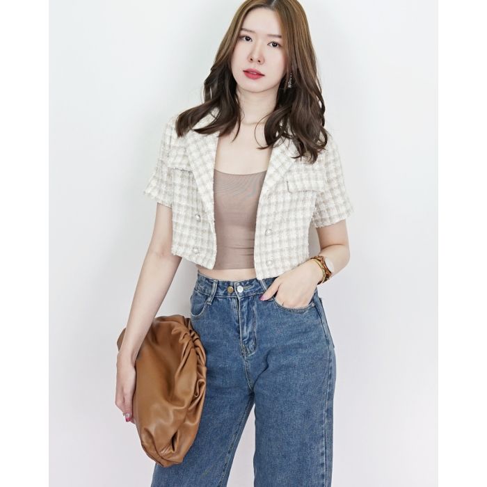 TRINITY TWEED CROP TOP-BEIGE