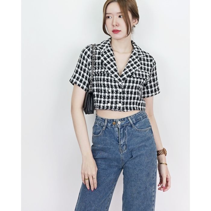 TRINITY TWEED CROP TOP-BLACK