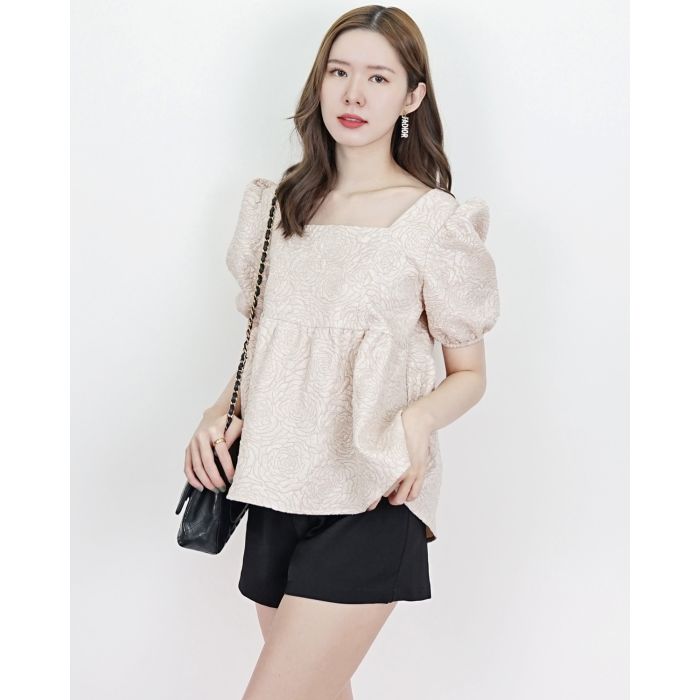 ROSE EMBOSSED BOW BACK BLOUSE-BEIGE