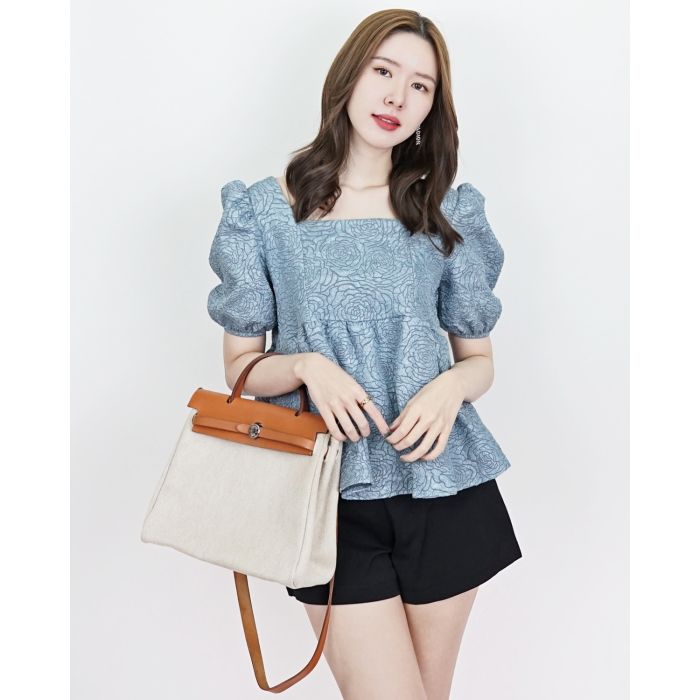 ROSE EMBOSSED BOW BACK BLOUSE-BLUE