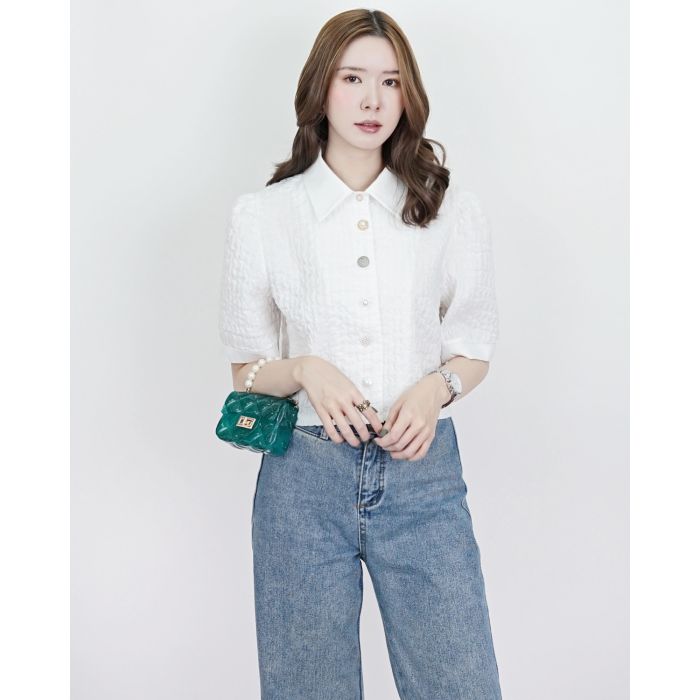 JEWELRY BUTTON EMBOSSED BLOUSE-WHITE