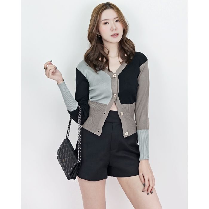 COLOURBLOCK KNIT CARDIGAN-GREY