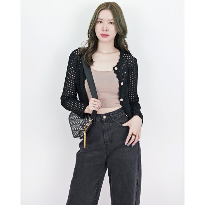 CROCHET KNIT CARDIGAN-BLACK