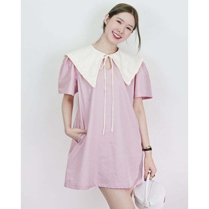 PUDDING BOW OVERSIZED COLLAR DRESS-ROSE