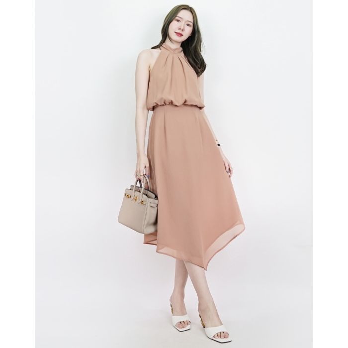 HAZEL BOW BACK CHIFFON MIDI DRESS-TAUPE