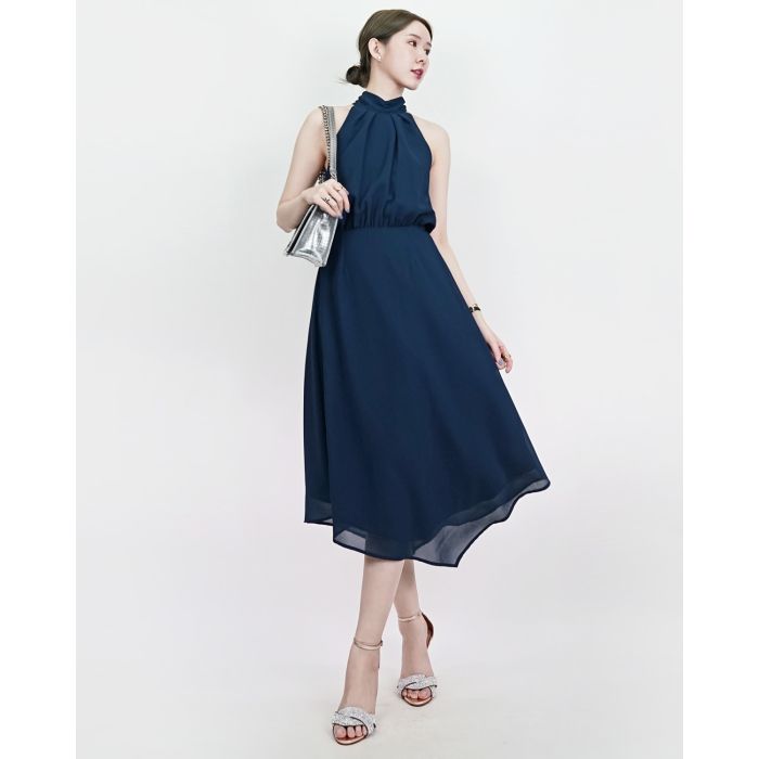 HAZEL BOW BACK CHIFFON MIDI DRESS-NAVY