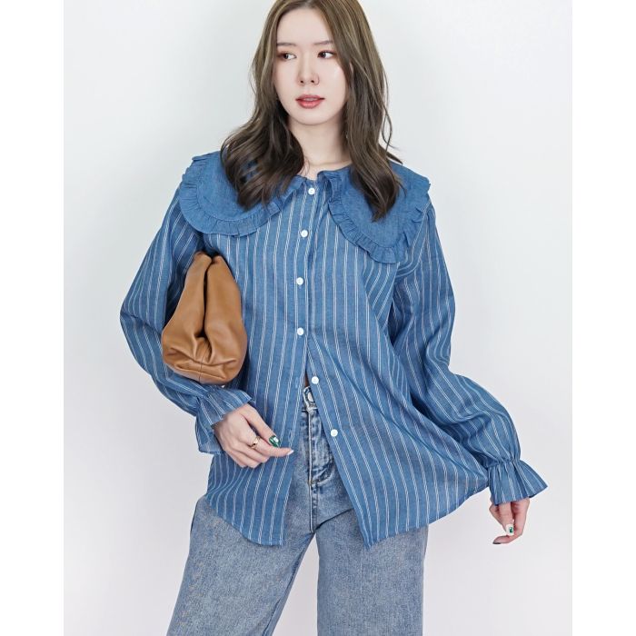 BRYNN STRIPED OVERSIZED COLLAR BLOUSE-NAVY