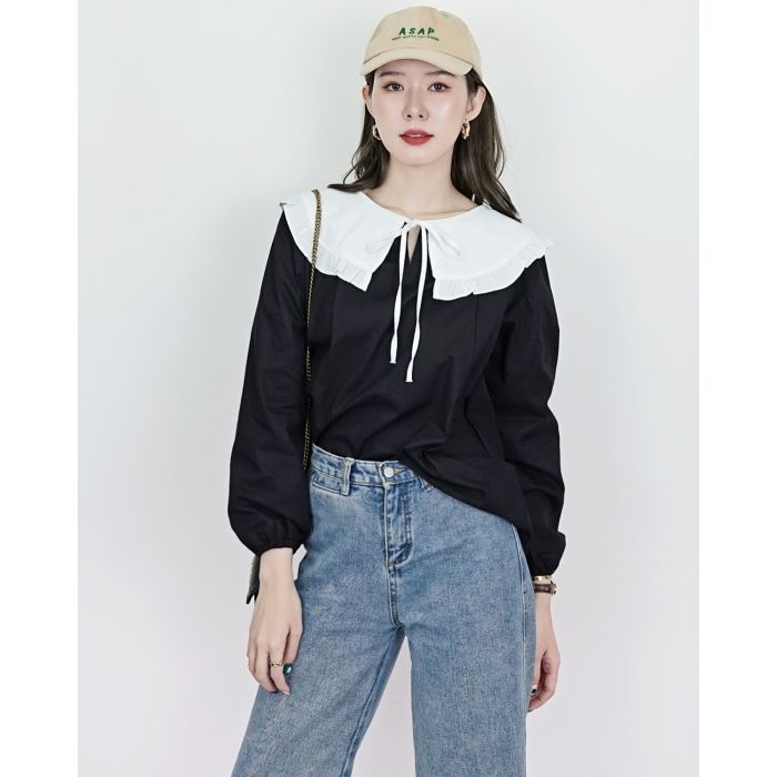 HARVEST BOW COLLAR OVERSIZED BLOUSE-BLACK