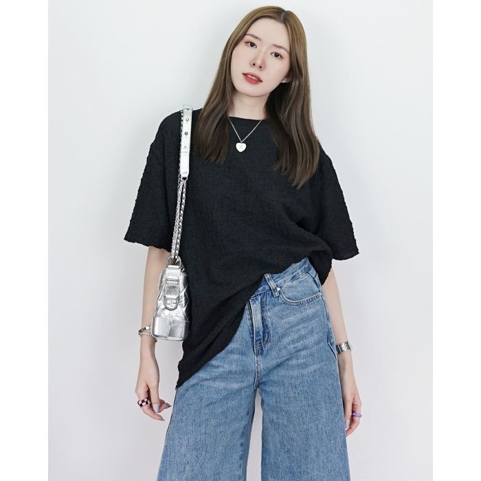 WRINKLED SMOCKED CHIFFON OVERSIZED TOP-BLACK