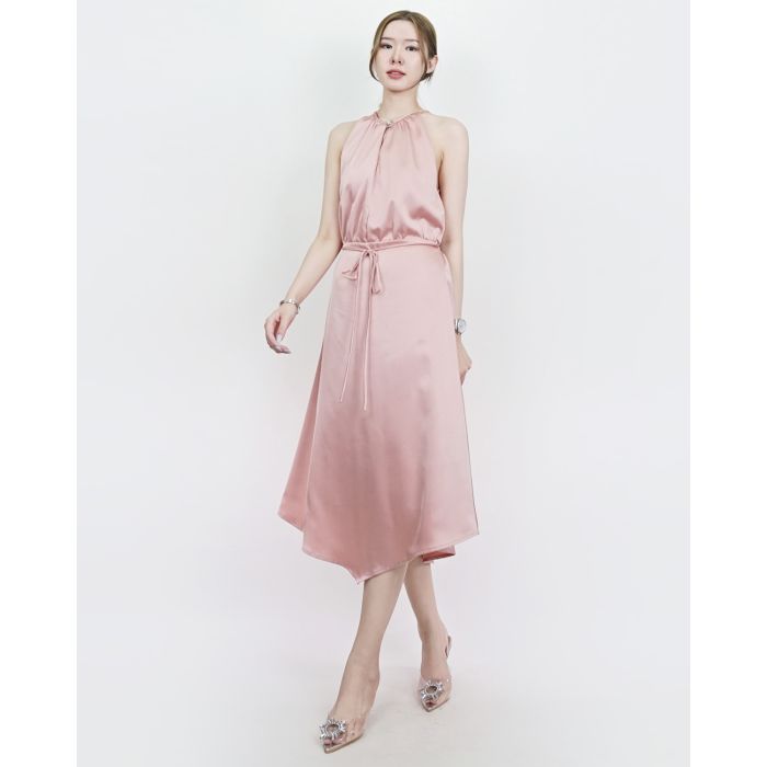 CLASSIC DIAMOND TIE WAIST SATIN DRESS-PINK-S