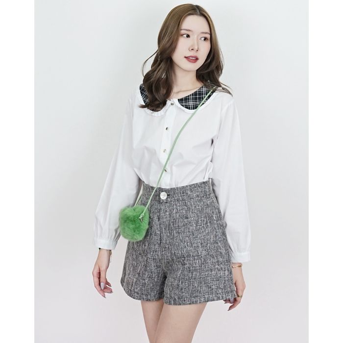 SPECIAL OFFER * TEDDY PLAID COLLAR COTTON BLOUSE-WHITE