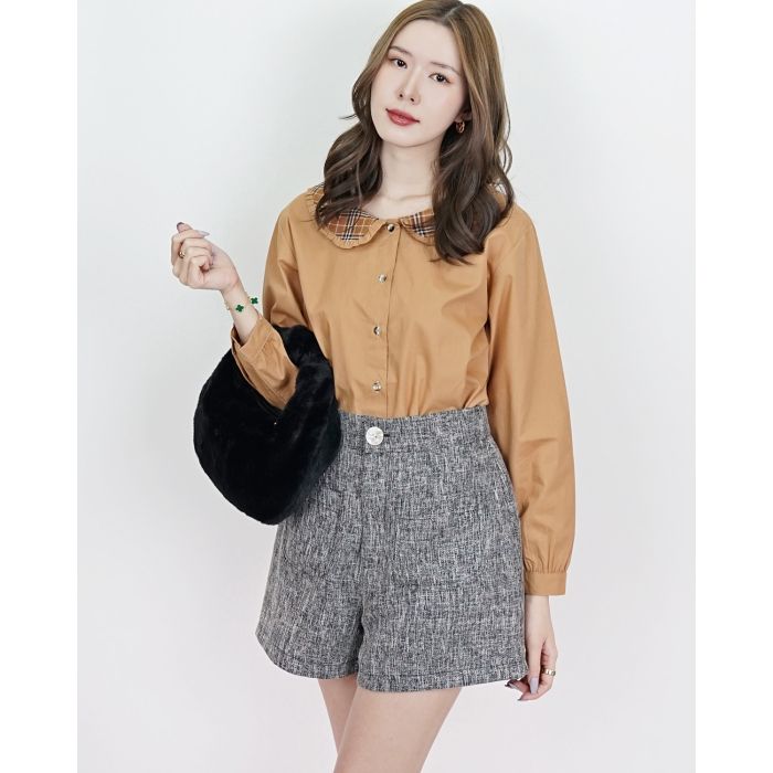 TEDDY PLAID COLLAR COTTON BLOUSE-TAN