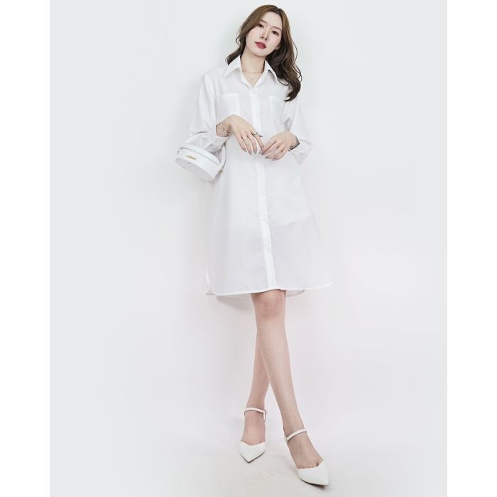 PEARL COTTON MIDI SHIRT DRESS-WHITE