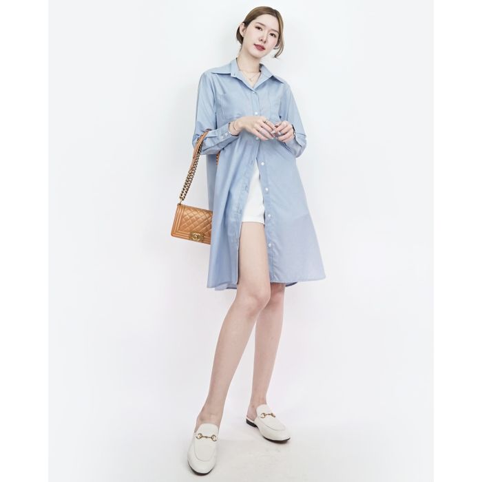 PEARL COTTON MIDI SHIRT DRESS-BLUE