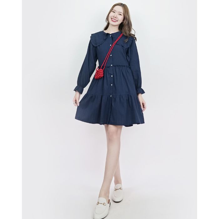 PIPER TIE WAIST OVERSIZED COTTON DRESS-NAVY