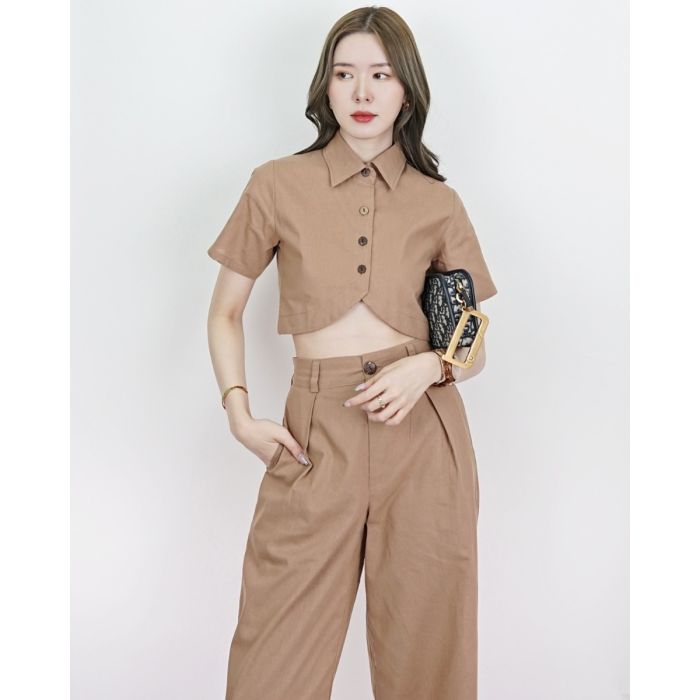 JINA LINEN CROPPED SHIRT-KHAKI