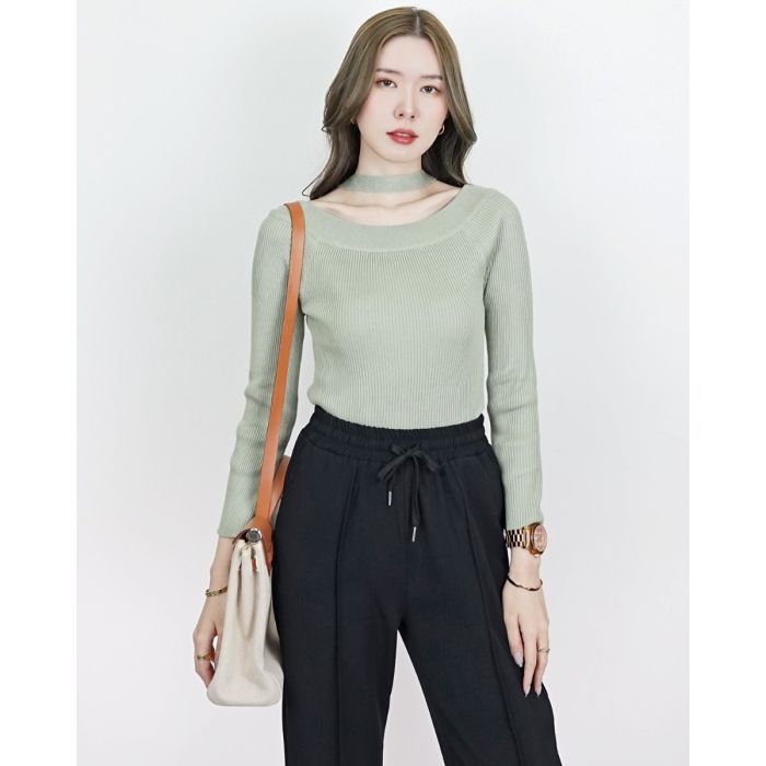 AUTUMN CHOKER KNIT TOP-SAGE