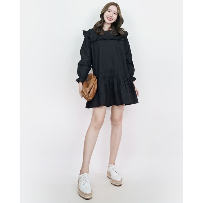 PENNY RUFFLE OVERSIZED COTTON DRESS-BLACK