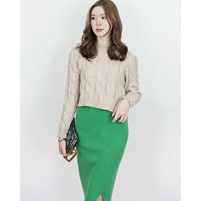 BRAID KNIT SWEATER TOP-BEIGE