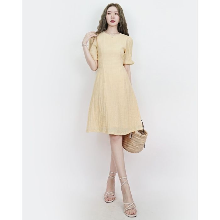 CRUNCHY TIE WAIST CHIFFON DRESS-CUSTARD-S