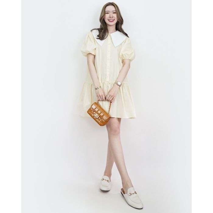 ABBY PLAIN COLLAR COTTON DRESS-YELLOW