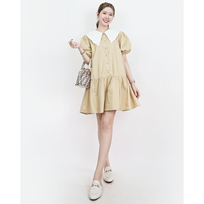 ABBY PLAIN COLLAR COTTON DRESS-BEIGE