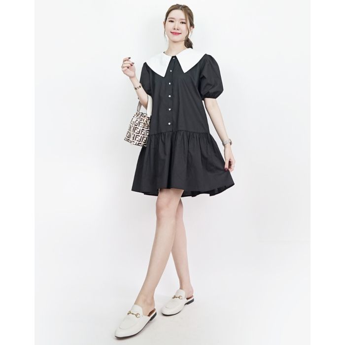 ABBY PLAIN COLLAR COTTON DRESS-BLACK