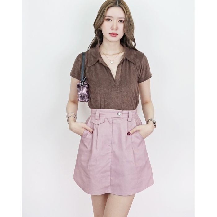 SOFTY TOWEL POLO TOP-BROWN