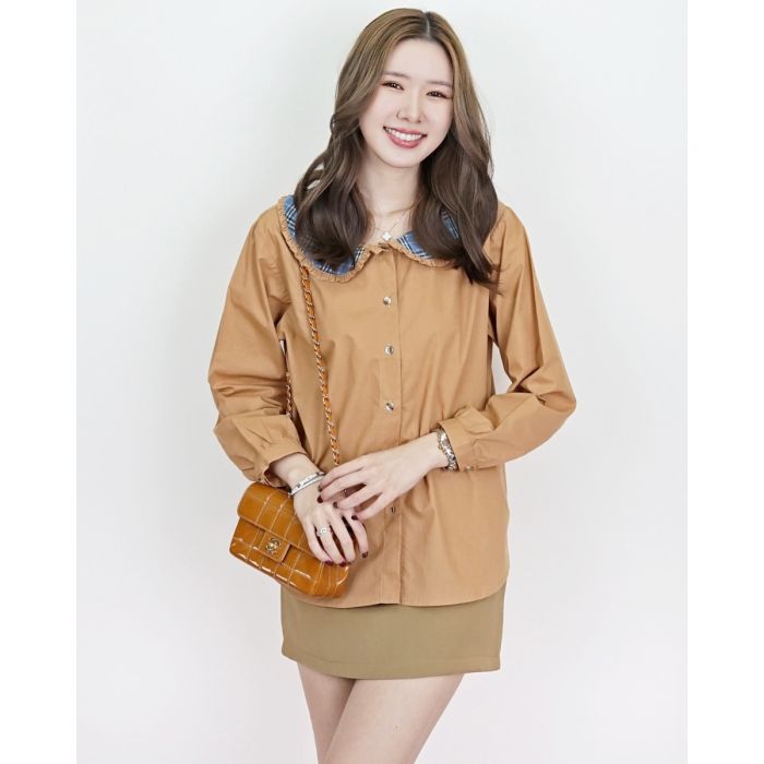 TEDDY PLAID COLLAR COTTON BLOUSE-TAN II