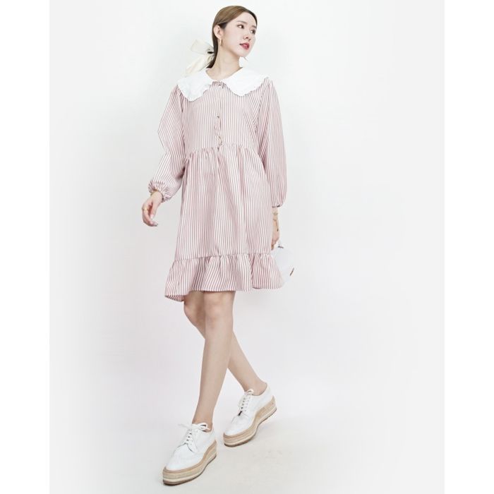 PARFAIT COLLAR STRIPE OVERSIZED DRESS-BRICK