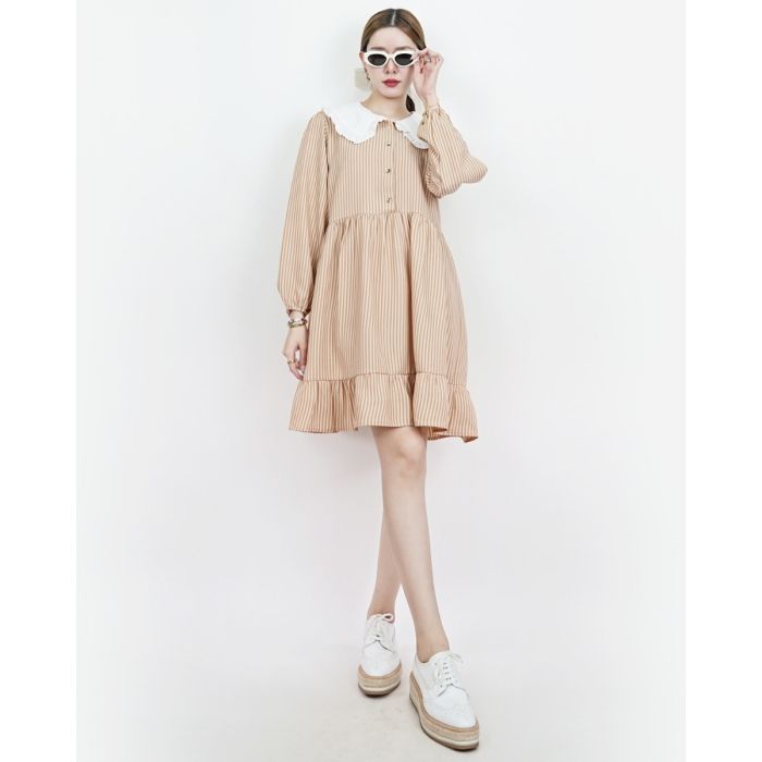 PARFAIT COLLAR STRIPE OVERSIZED DRESS-BROWN