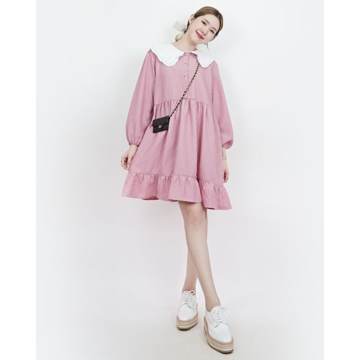 PARFAIT COLLAR STRIPE OVERSIZED DRESS-PINK