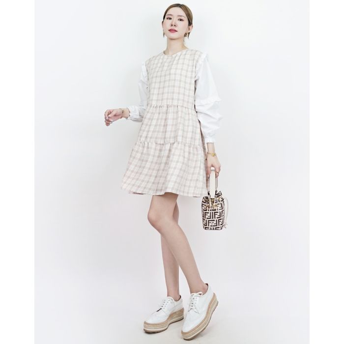 BLAIR PLAID RUFFLE OVERSIZED DRESS-BEIGE