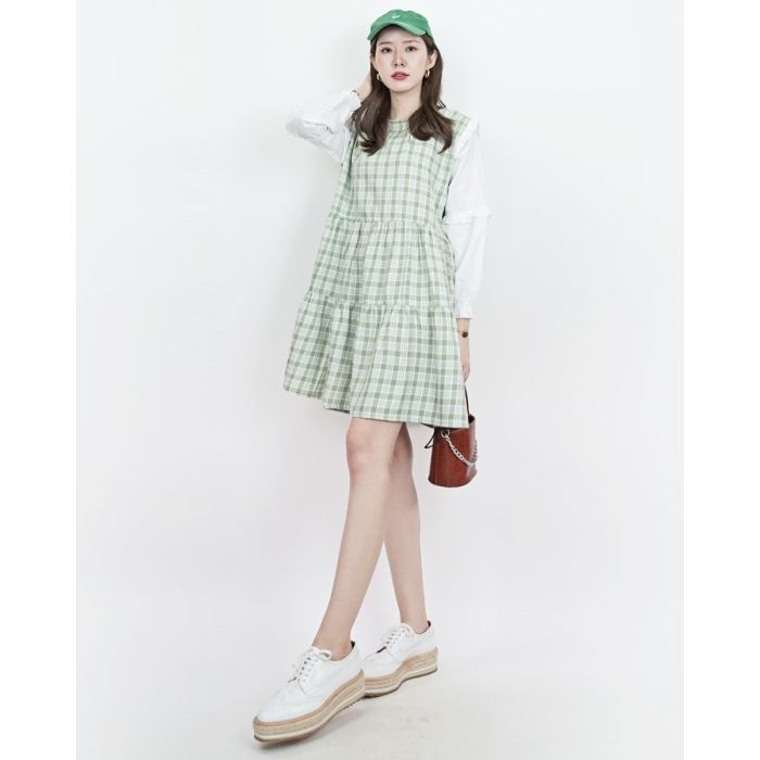 BLAIR PLAID RUFFLE OVERSIZED DRESS-GREEN